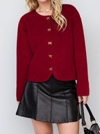 Bow Button Down Round Neck Long Sleeve Cardigan