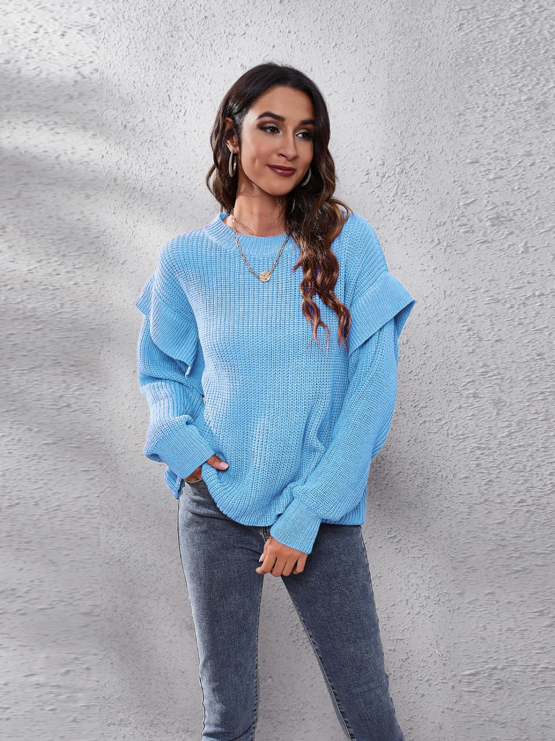 Ruffled Round Neck Dropped Shoulder Sweater - felvior