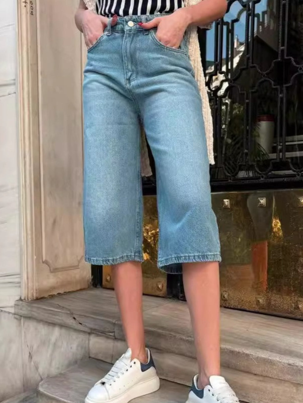 High Waist Denim Shorts with Pockets - felvior