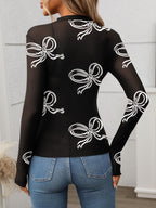 Printed Mock Neck Long Sleeve Mesh T-Shirt