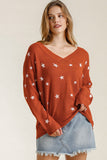Umgee Full Size Star V-Neck Long Sleeve Sweater Plus Size