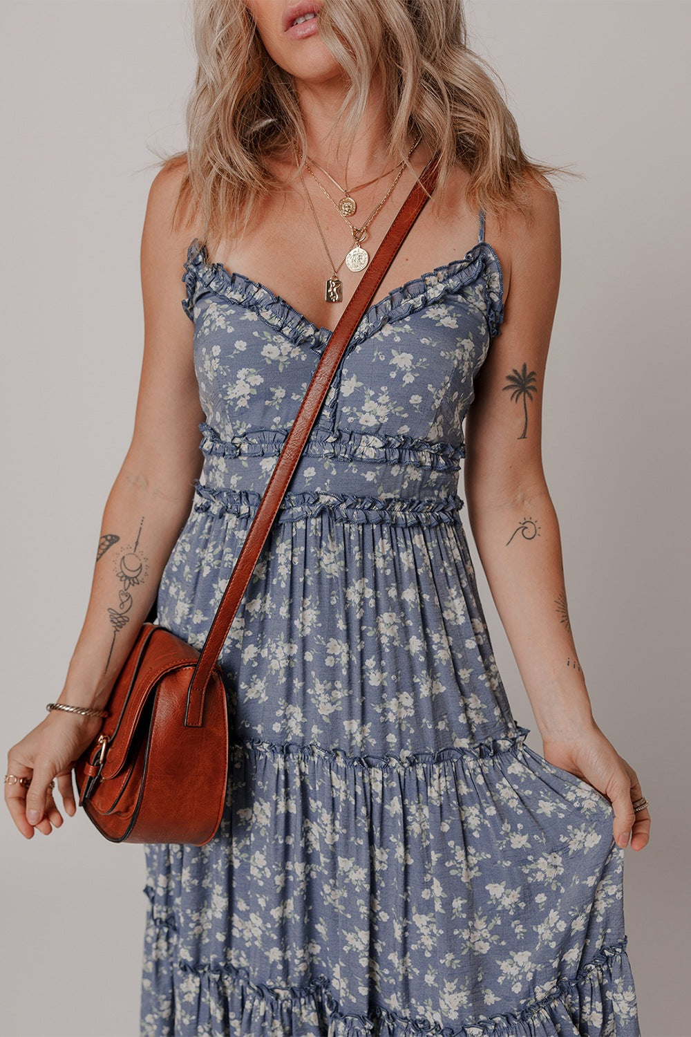 Floral Spaghetti Strap Frilled V Neck Tiered Midi Dress - felvior