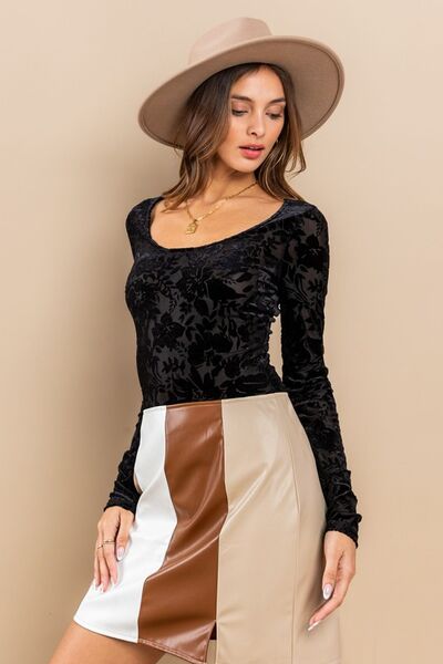 Ces Femme Velvet Floral Long Sleeve Bodysuit - felvior