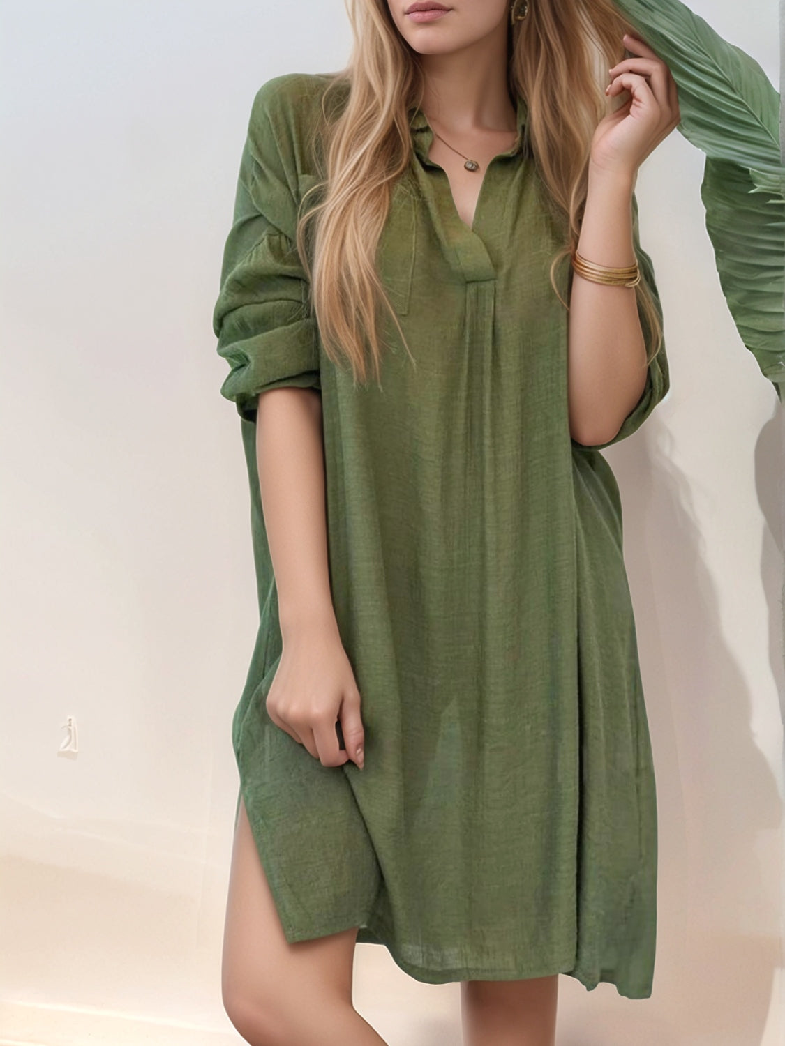 Full Size Side Slit Roll-Tab Sleeve Mini Shirt Dress Plus Size