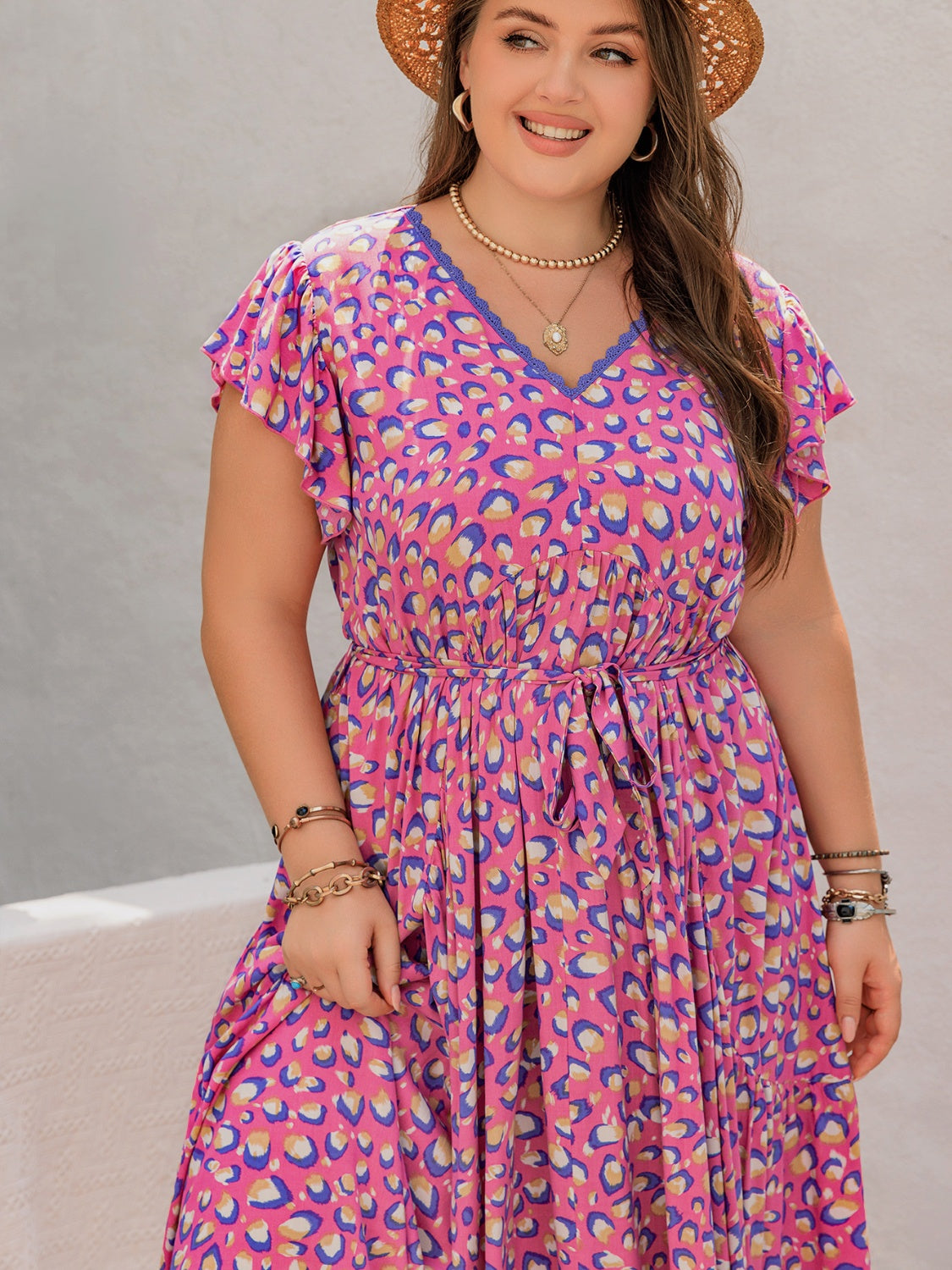 Plus Size Printed V-Neck Flutter Sleeve Tie Waist Maxi Dress