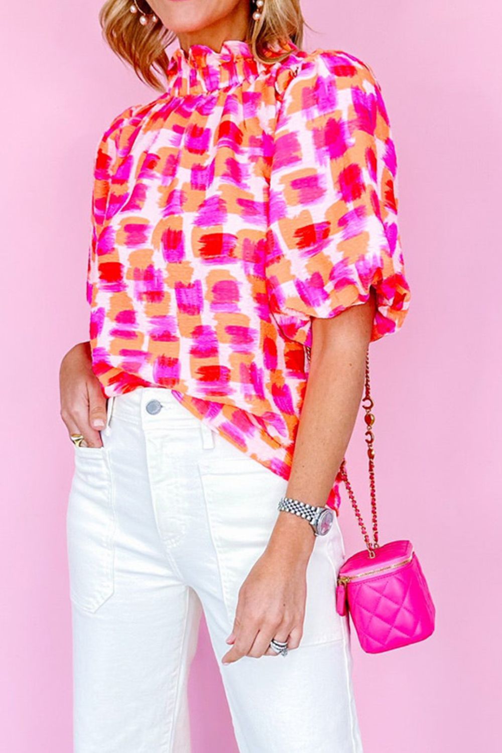 Abstract Print Button Back Ruffed Mock Neck Blouse - felvior