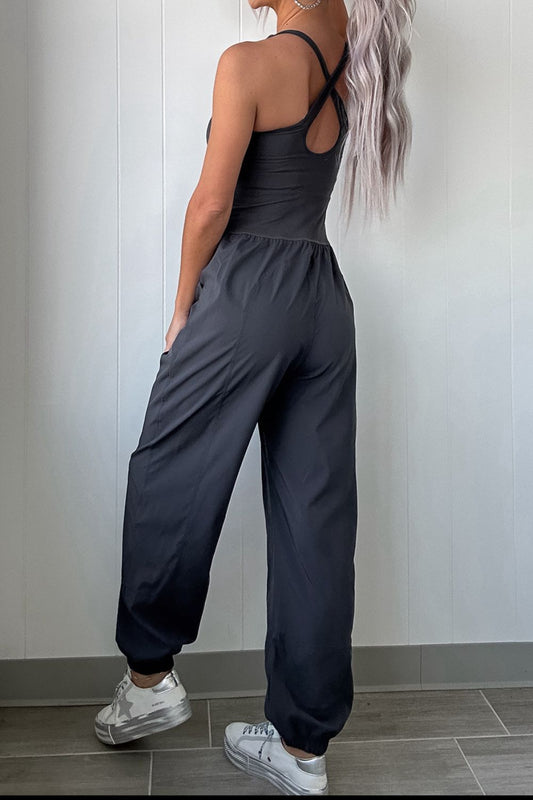 Cutout Square Neck Wide Strap Active Jumpsuit - felvior