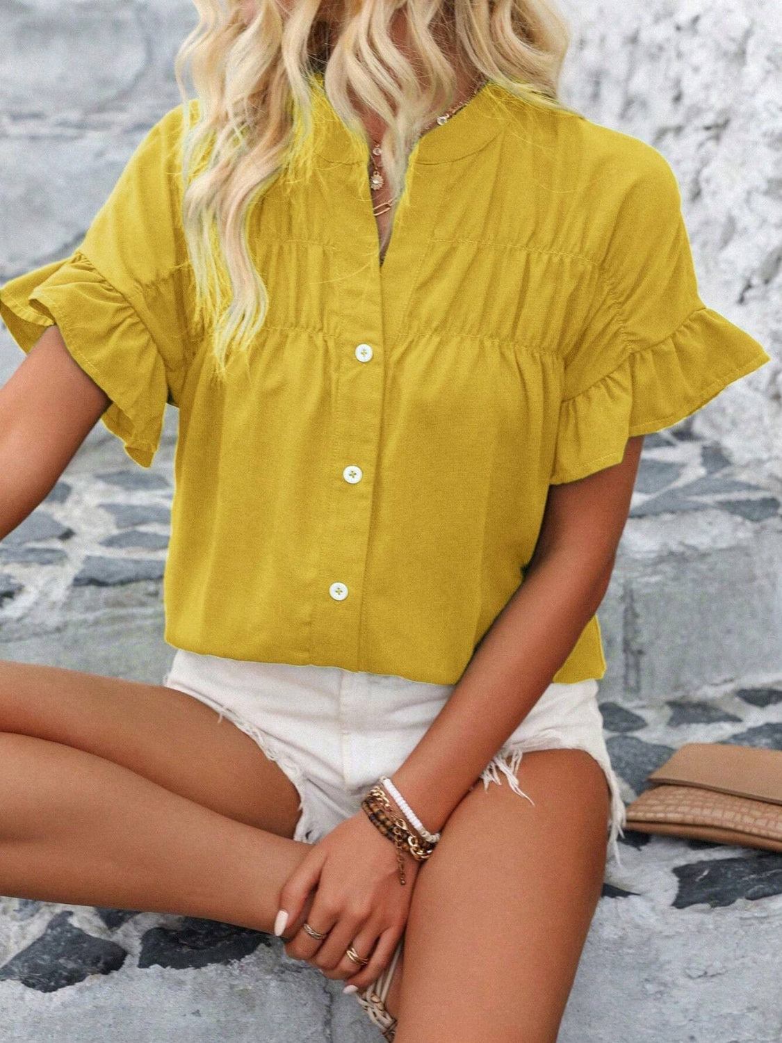 Button Down Ruffled Short Sleeve Shirt - felvior