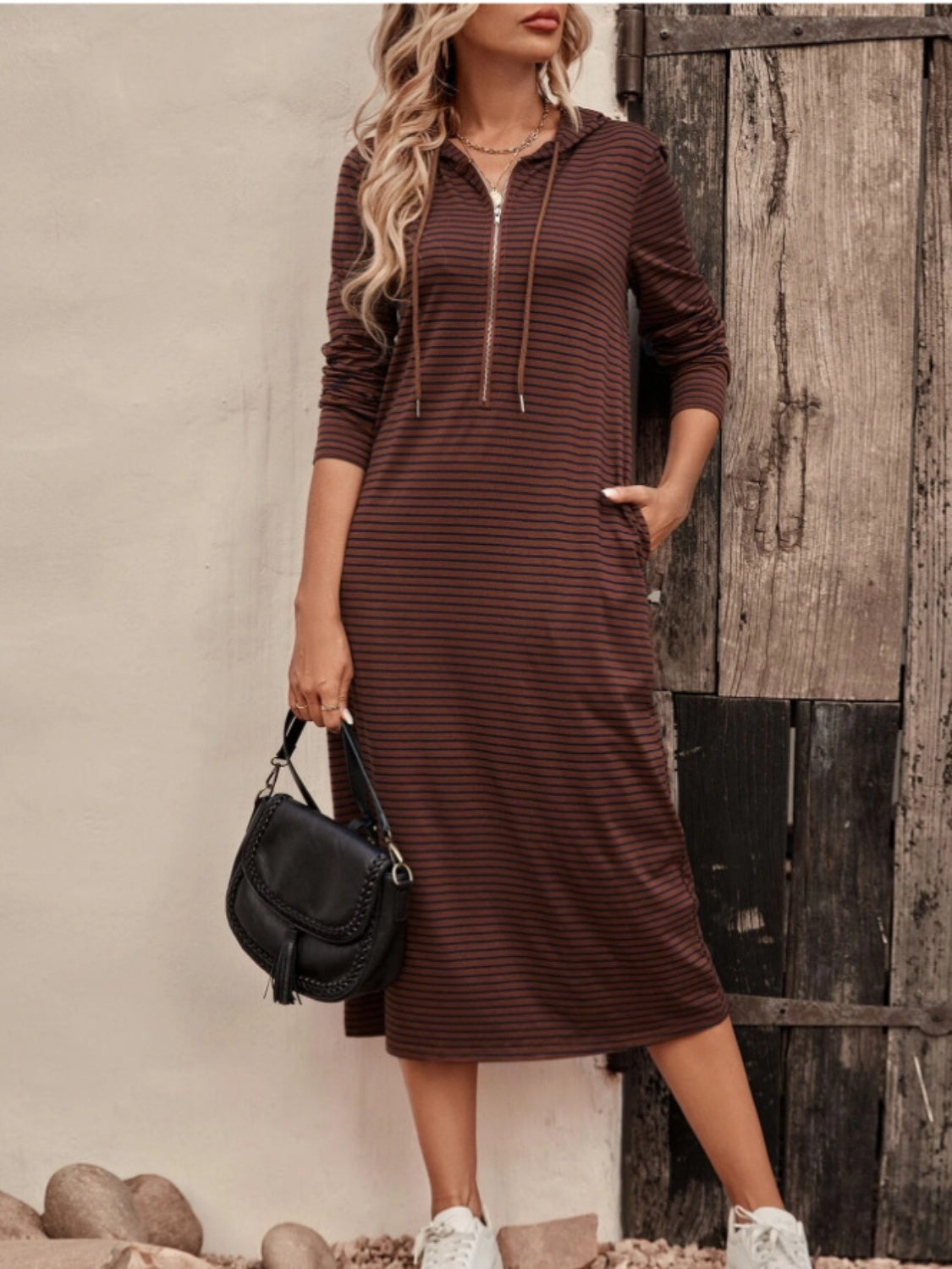 Striped Zip Front Hooded Dress - felvior