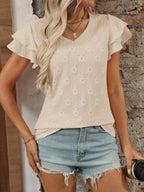 Eyelet V-Neck Ruffled Cap Sleeve Top