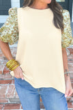 Floral Puff Sleeve Ribbed Blouse - felvior