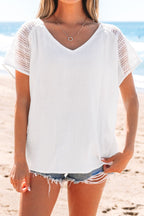 Lace Crochet Textured Button Back V Neck T Shirt