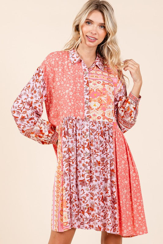 Mittoshop Floral Button Detail Long Sleeve Shirt Dress - felvior