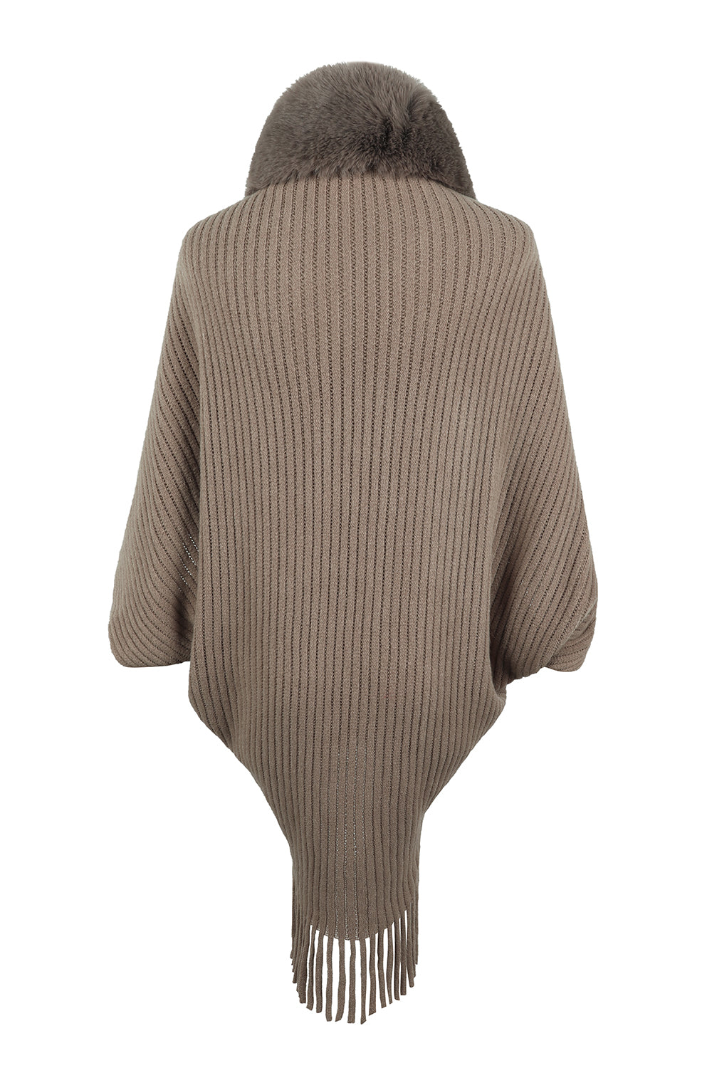 Fringe Detail Long Sleeve Ribbed Poncho - felvior