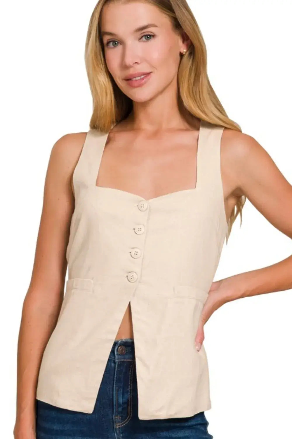 Zenana Linen Tie-back 4-button Vest with Lining