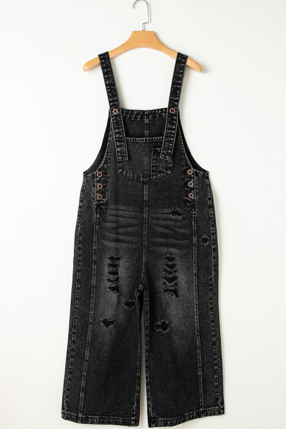 Distressed Wide Strap Denim Overalls - felvior