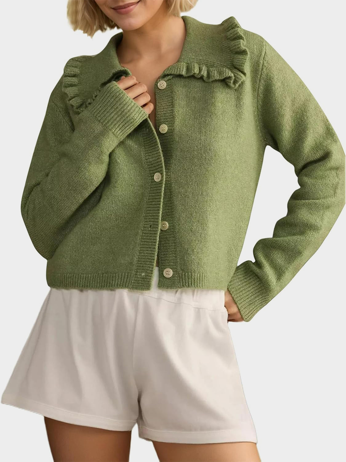 Frill Button Up Collared Neck Long Sleeve Cardigan - felvior