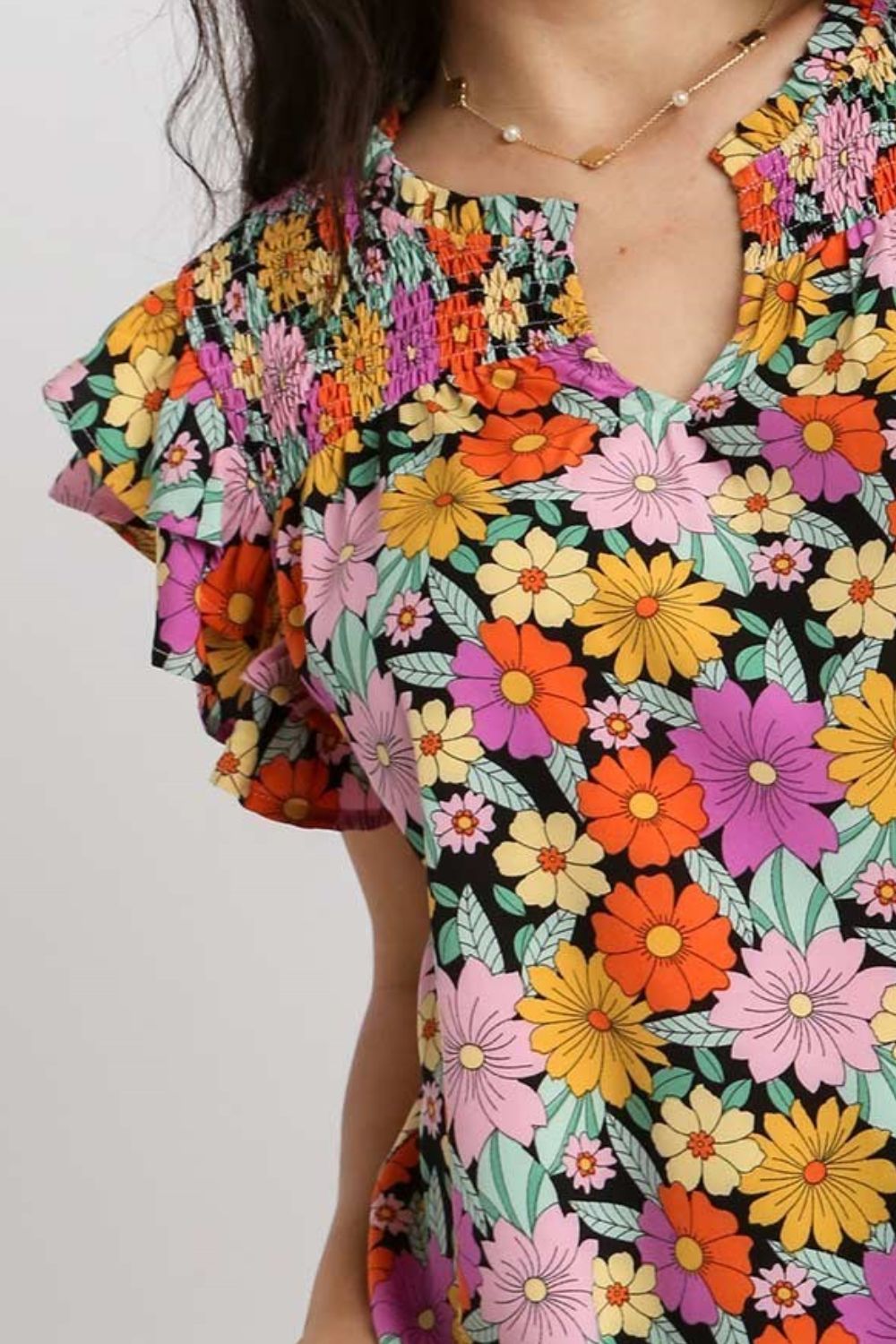 Umgee Full Size Floral Printed Smocked Top Plus Size