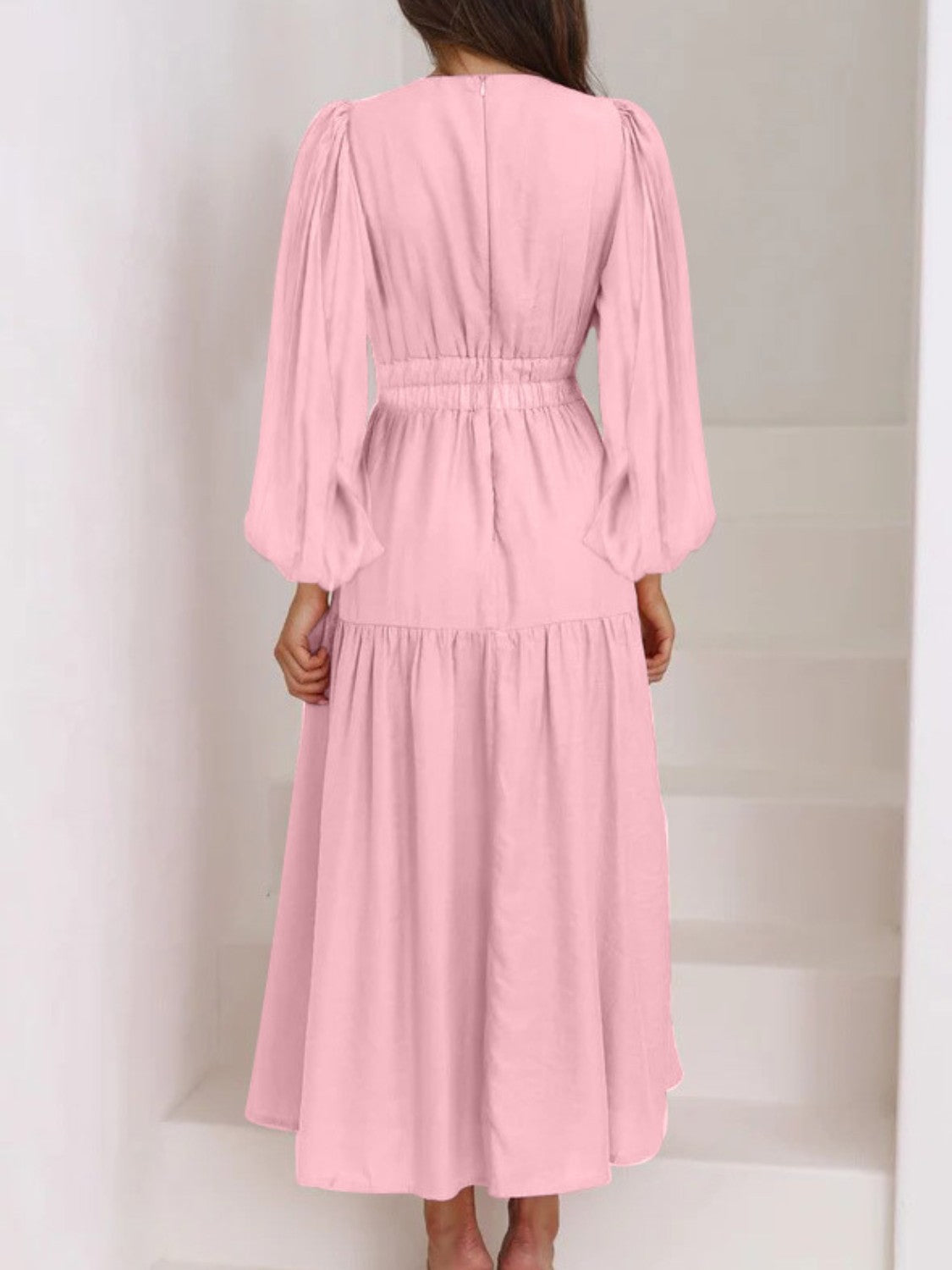 Deep V-Neck Balloon Sleeve Plain Maxi Dress - felvior