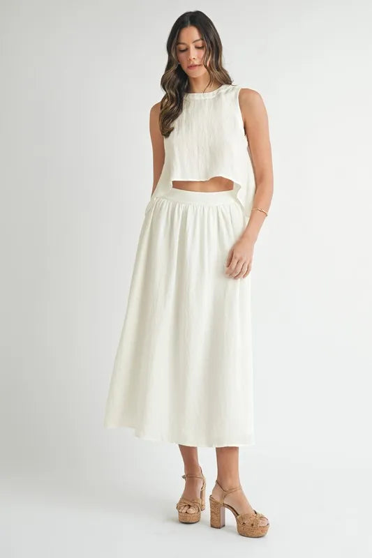 MABLE Wrinkled Round Neck Swing Top and Skirt Set - felvior