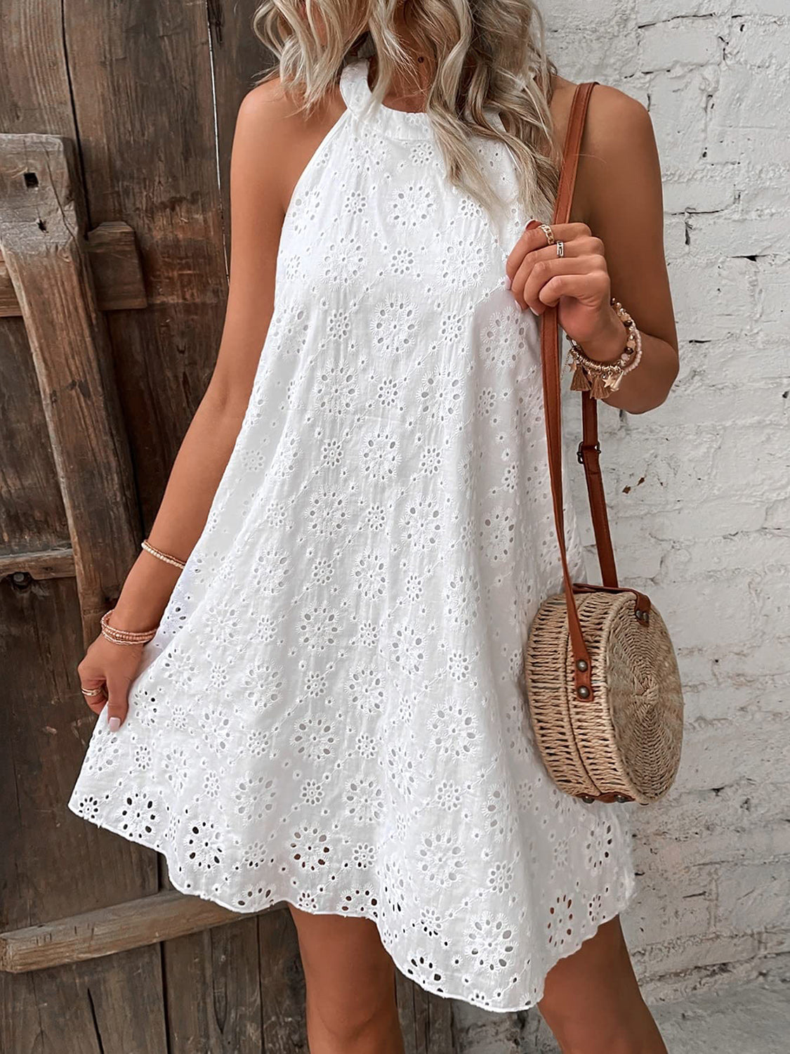 Eyelet Grecian Neck Mini Dress - felvior