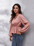 V-Neck Balloon Sleeve Peplum Blouse - felvior