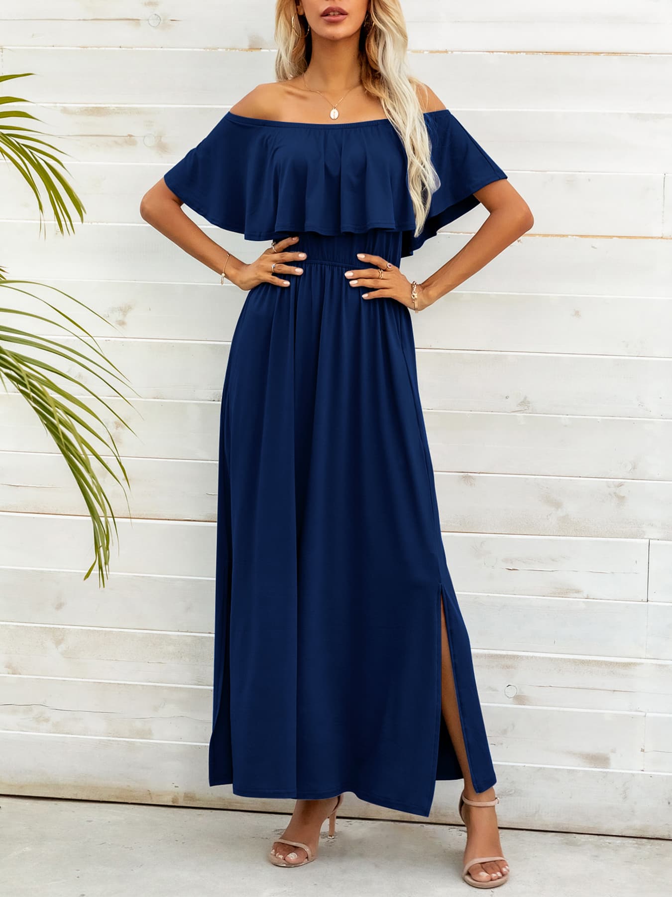 Off-Shoulder Slit Maxi Dress - felvior