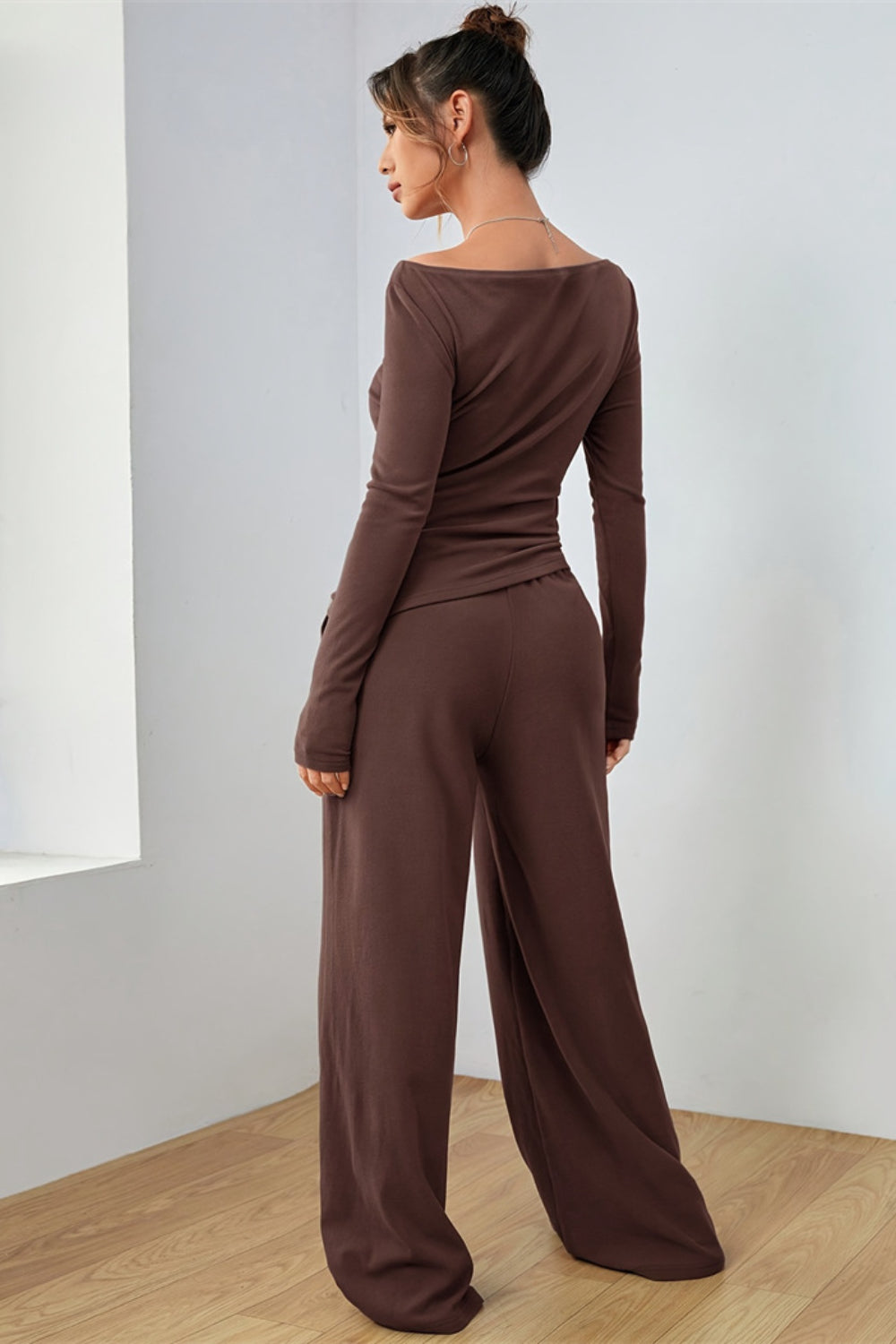 Boat Neck Long Sleeve Top and Pants Set - felvior