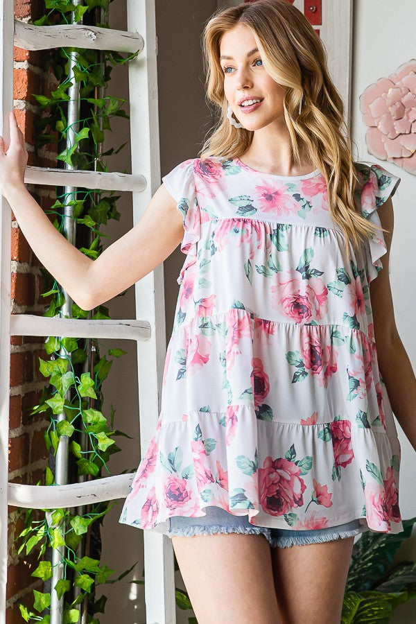 Heimish Full Size Butterfly Short Sleeve Round Neck Floral Print Tiered Top Plus Size - felvior