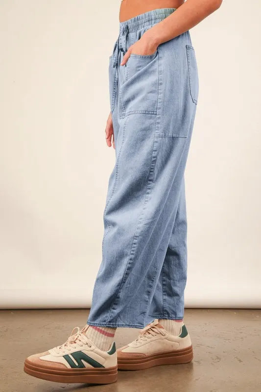 VERY J Washed Chambray Barrel Denim Pants