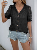 Perfee Button Down Short Sleeve Lace Shirt - felvior