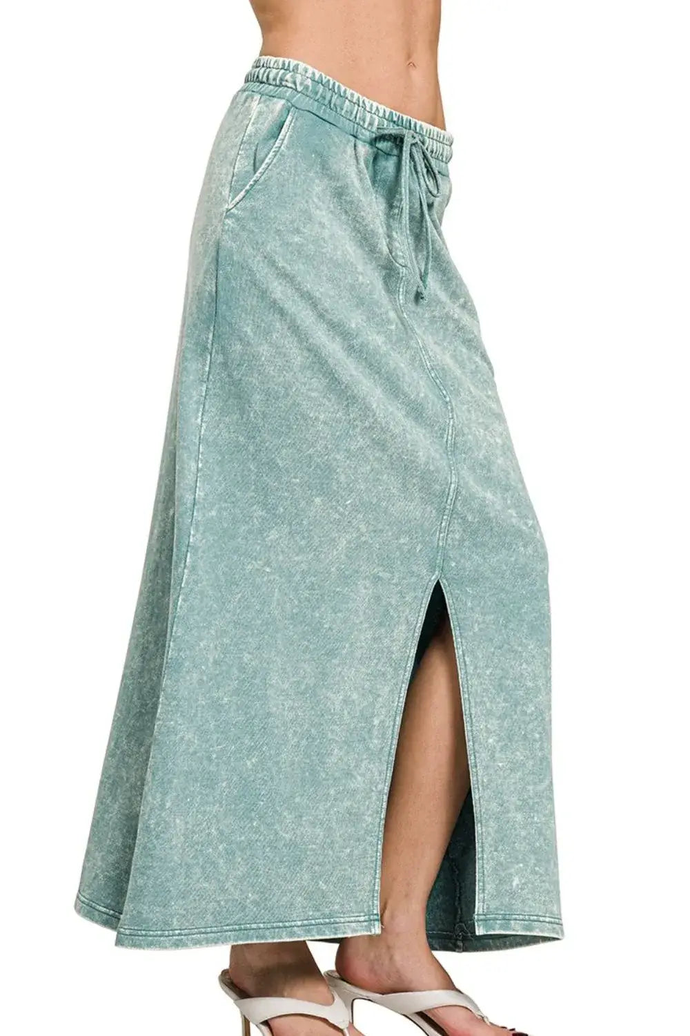 Zenana French Terry Acid Washed Front Slit Long Skirts