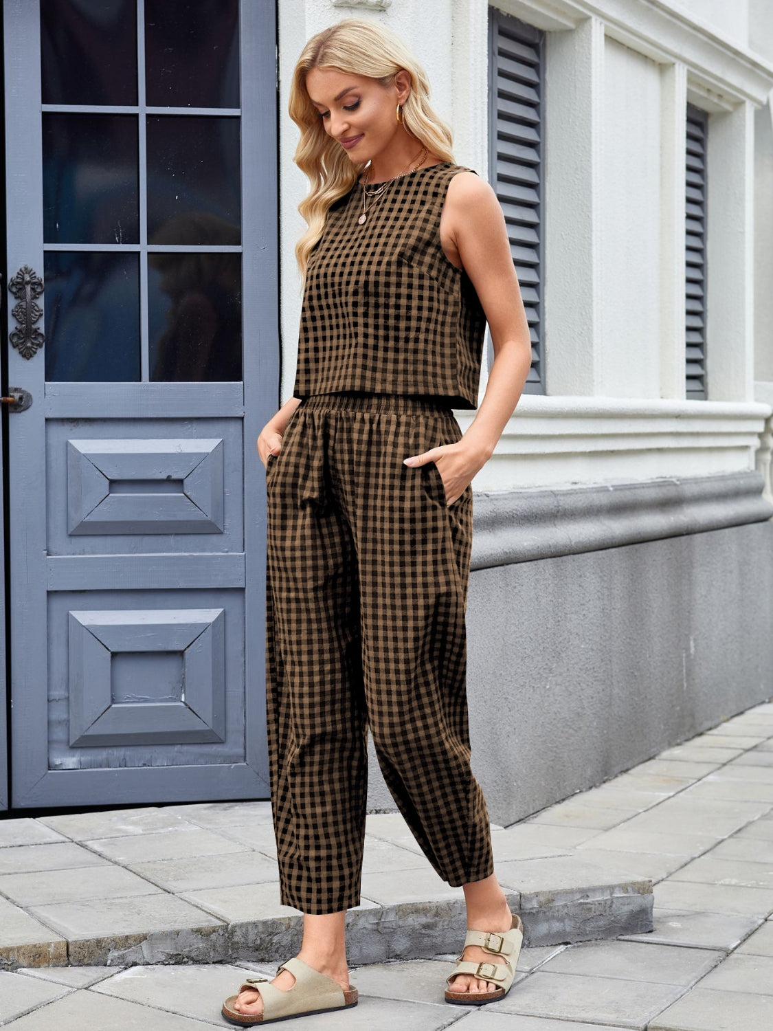 Plaid Sleeveless Top and Pants Set
