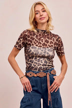 BiBi High Neck Leopard Mesh Short Sleeves Top