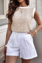 Floral Textured Crew Neck Sleeveless Top