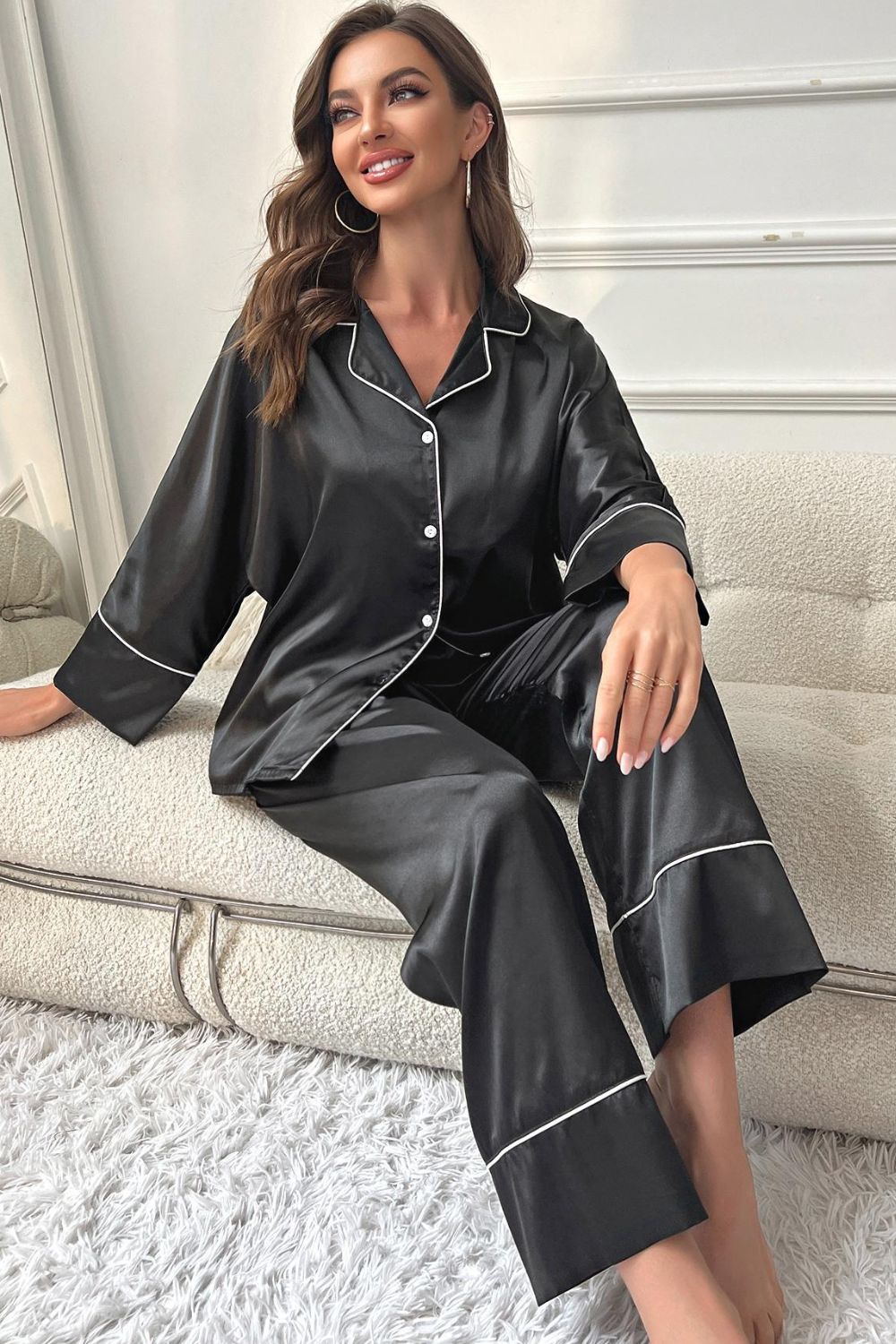 Contrast Piping Button-Up Top and Pants Pajama Set - felvior