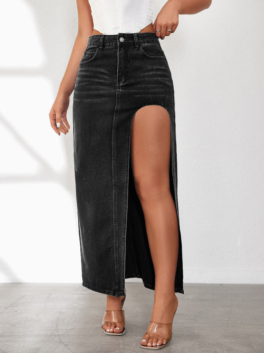 High Rise Slit Denim Skirt - felvior