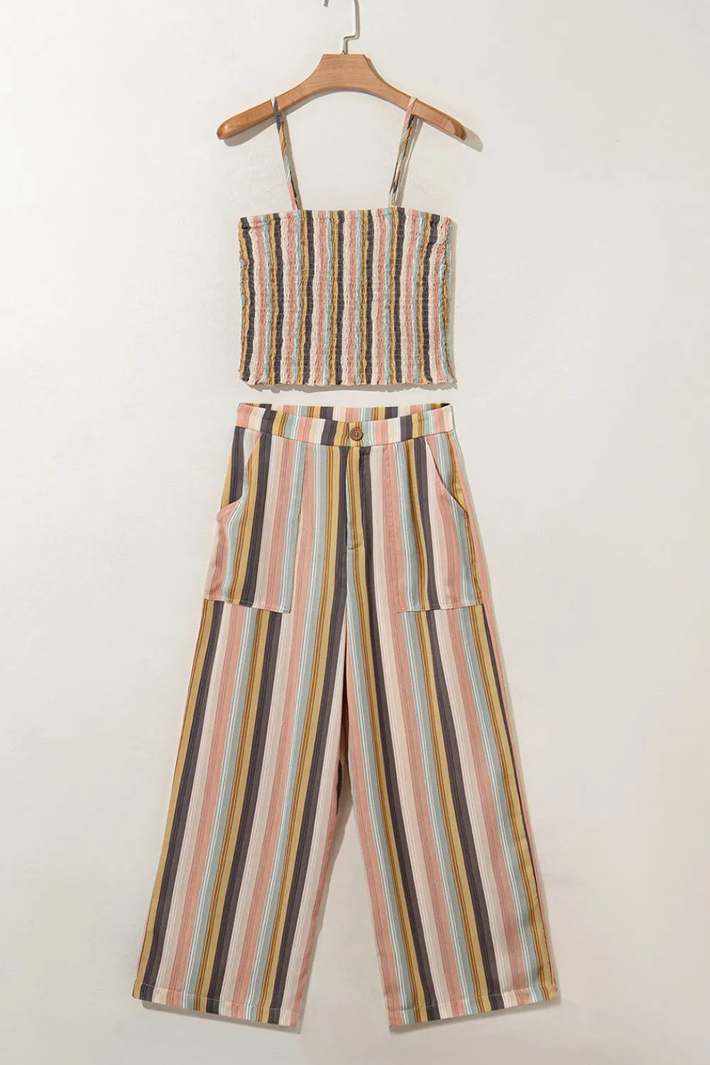 Striped Smocked Cami Top and Wide Leg Pants Set
