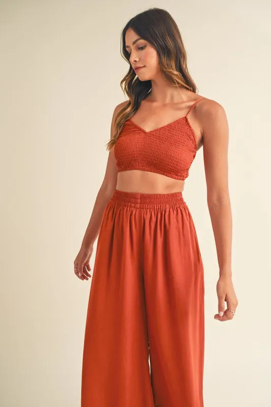 MABLE Smocked Bralette Crop Top and Wide Leg Pants Set - felvior