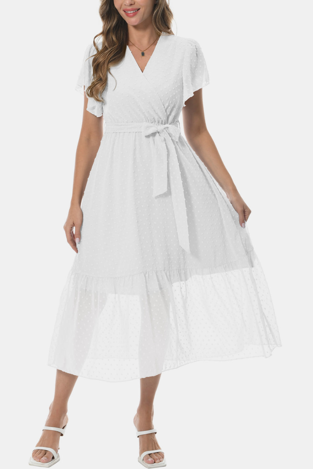 Surplice Neck Flutter Sleeve Tied Dress - felvior