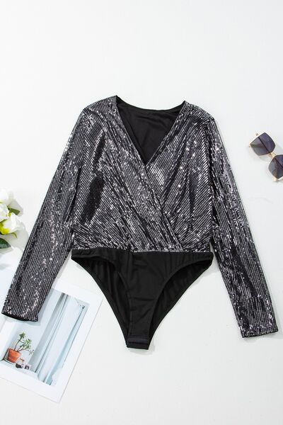 Sequin Surplice Long Sleeve Bodysuit - felvior