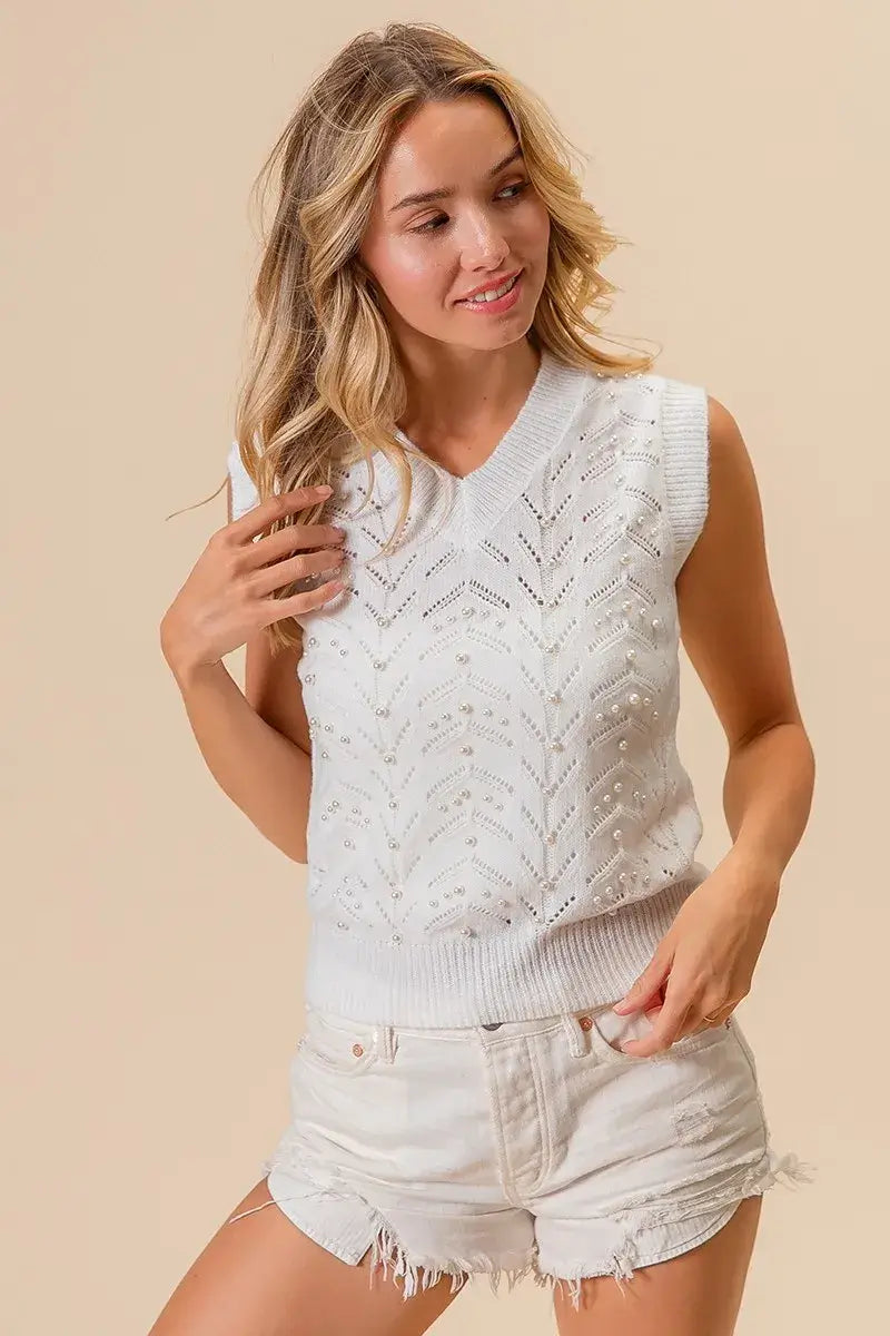 BiBi Chevron Pointelle Pearl Knit Top