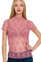 Zenana Lace See-through Layering Short Sleeve Top