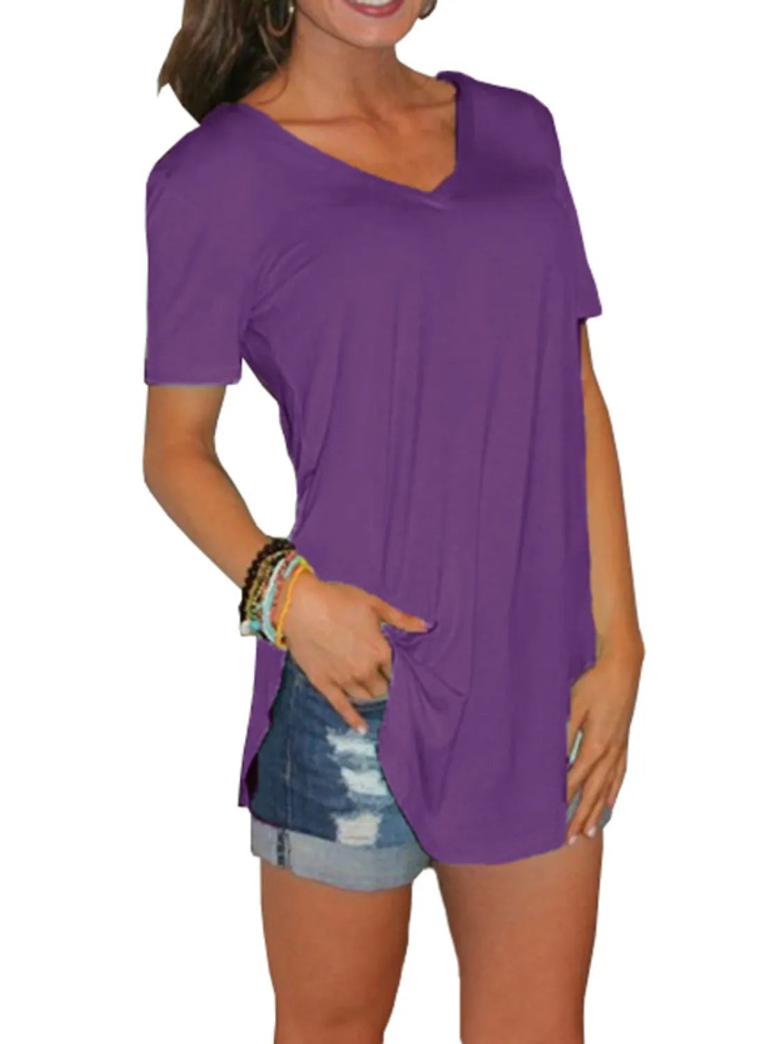 Full Size Solid V-Neck Short Sleeve T-Shirt Plus Size - felvior
