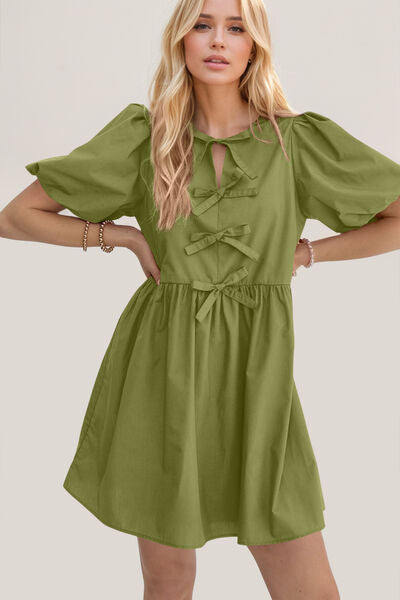 Oh Bow Ruched Puff Sleeve Mini Dress - felvior