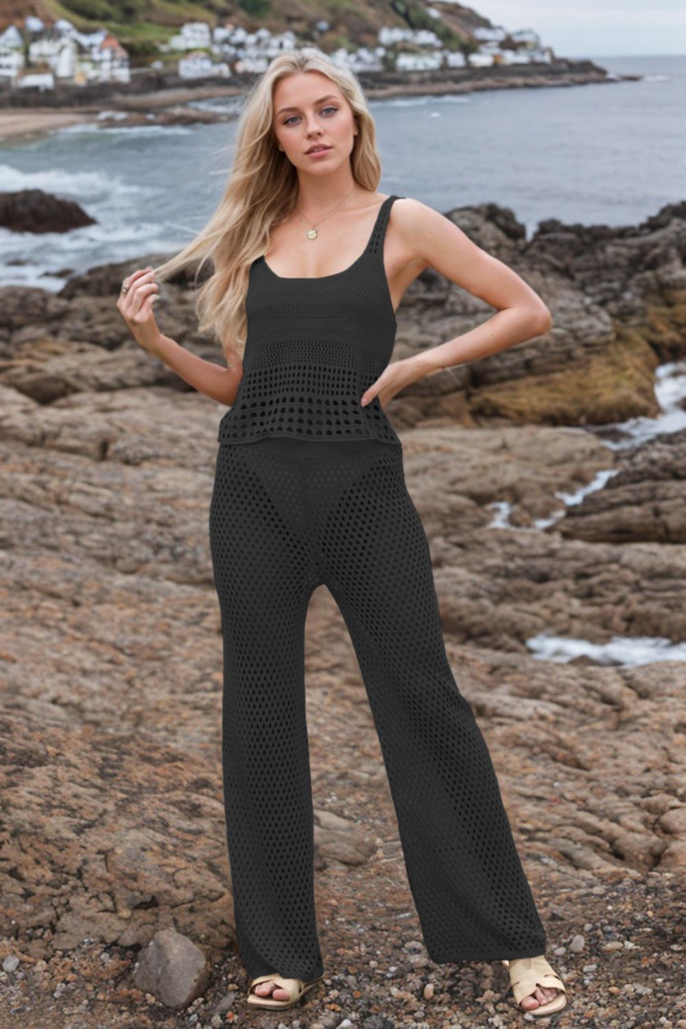 Hollow Out Round Neck Top and Pants Sweater Cover Up Set - felvior