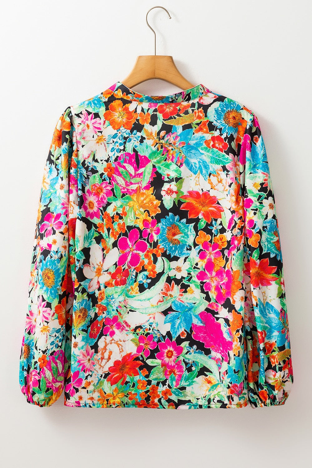 Floral Tie Neck Balloon Sleeve Blouse - felvior