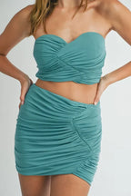 MABLE Ruched Tube Crop Top and Skirt Set