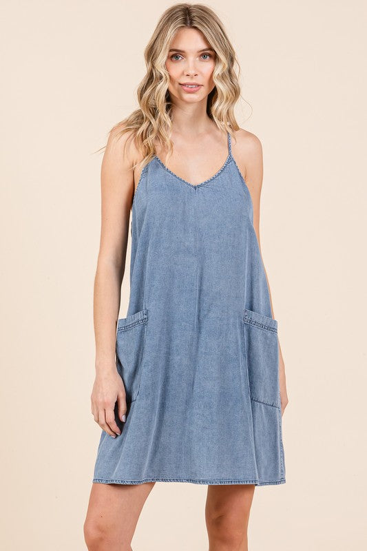 Mittoshop Washed Patch Pocket Mini Cami Denim Dress - felvior