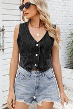 Button Down V-Neck Denim Vest